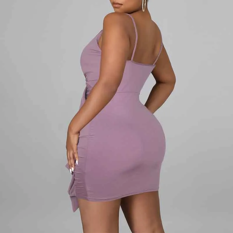 Solid V-Neck Sleeveless Ruffle Design Ruched Mini Dress