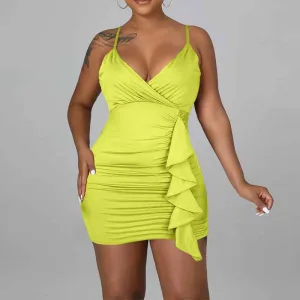 Solid V-Neck Sleeveless Ruffle Design Ruched Mini Dress