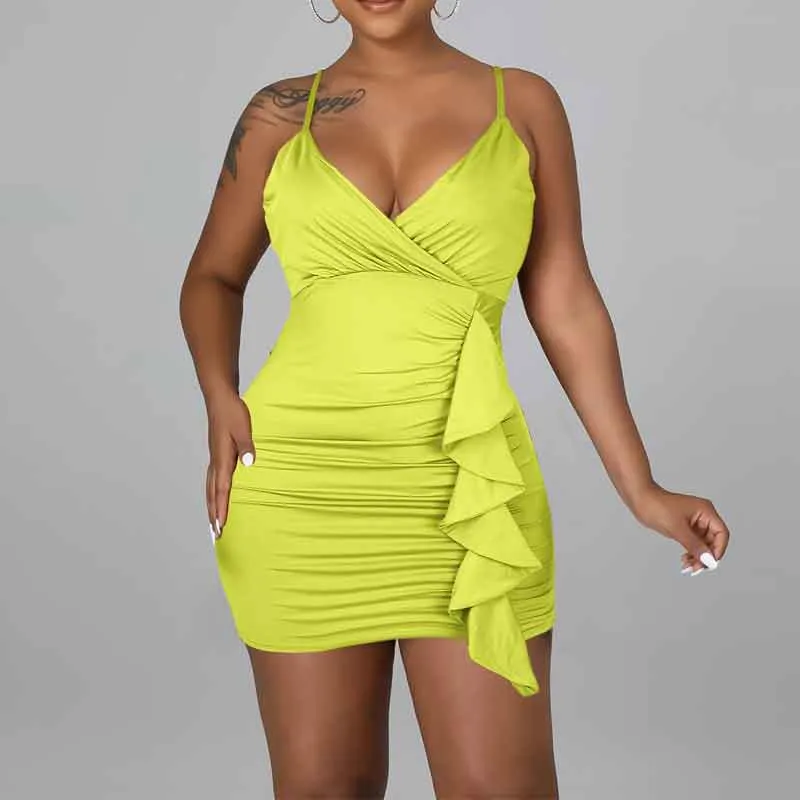 Solid V-Neck Sleeveless Ruffle Design Ruched Mini Dress
