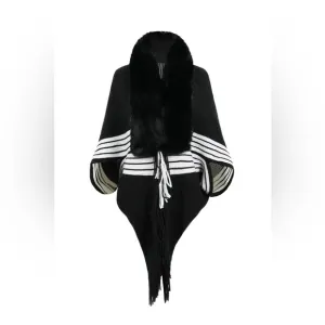 Striped Fringe Detail Long Sleeve Poncho
