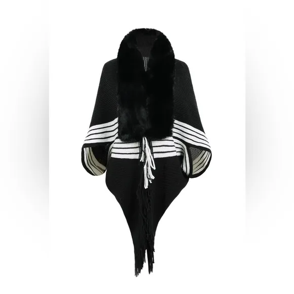 Striped Fringe Detail Long Sleeve Poncho