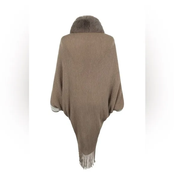 Striped Fringe Detail Long Sleeve Poncho