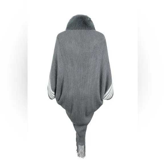 Striped Fringe Detail Long Sleeve Poncho
