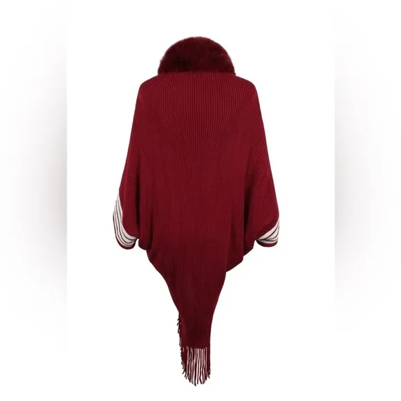 Striped Fringe Detail Long Sleeve Poncho