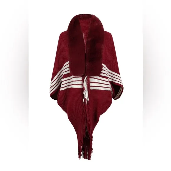 Striped Fringe Detail Long Sleeve Poncho
