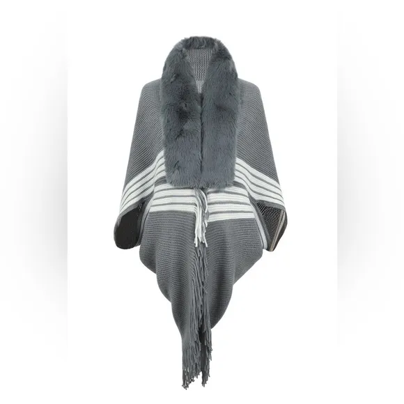 Striped Fringe Detail Long Sleeve Poncho