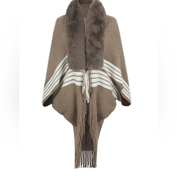 Striped Fringe Detail Long Sleeve Poncho