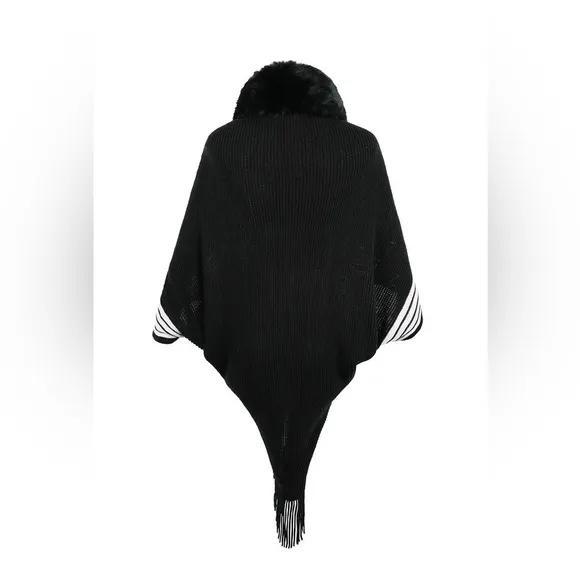 Striped Fringe Detail Long Sleeve Poncho