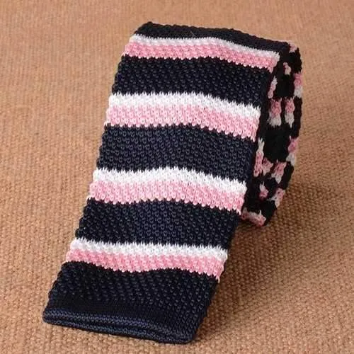 Striped Knitted Neck Tie - Black And Pink