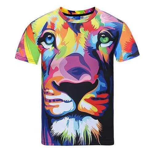 Summer Casual Tee Top 3D Colorful Cute Lion Printed Round Neck Short sleeve T-shirt for Men
