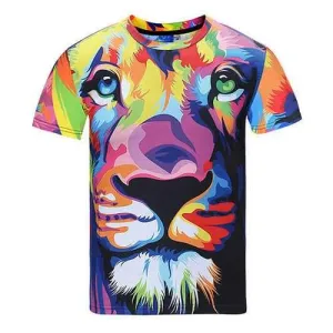Summer Casual Tee Top 3D Colorful Cute Lion Printed Round Neck Short sleeve T-shirt for Men