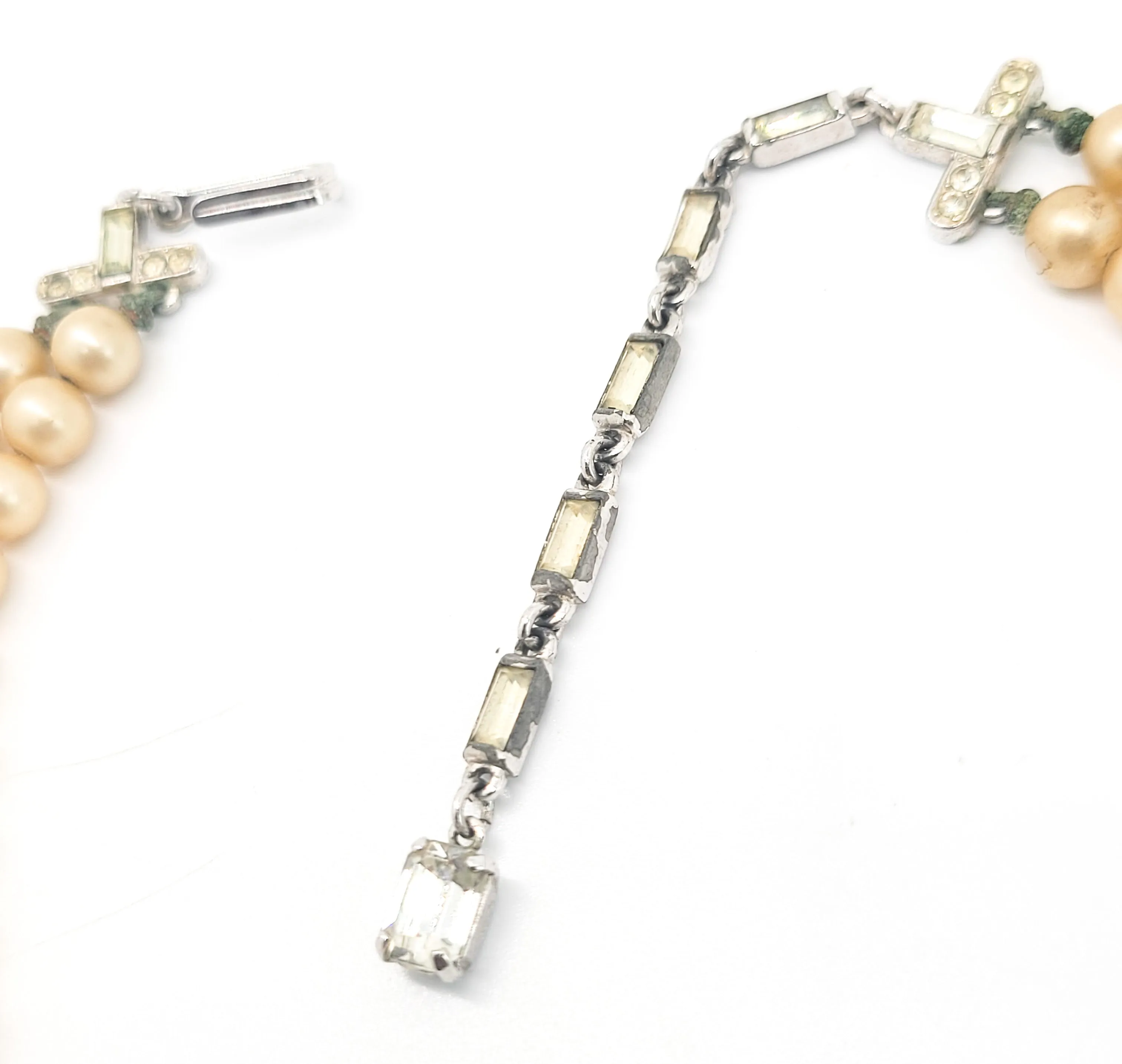 Trifari double strand vintage faux pearl and rhinestone signed necklace