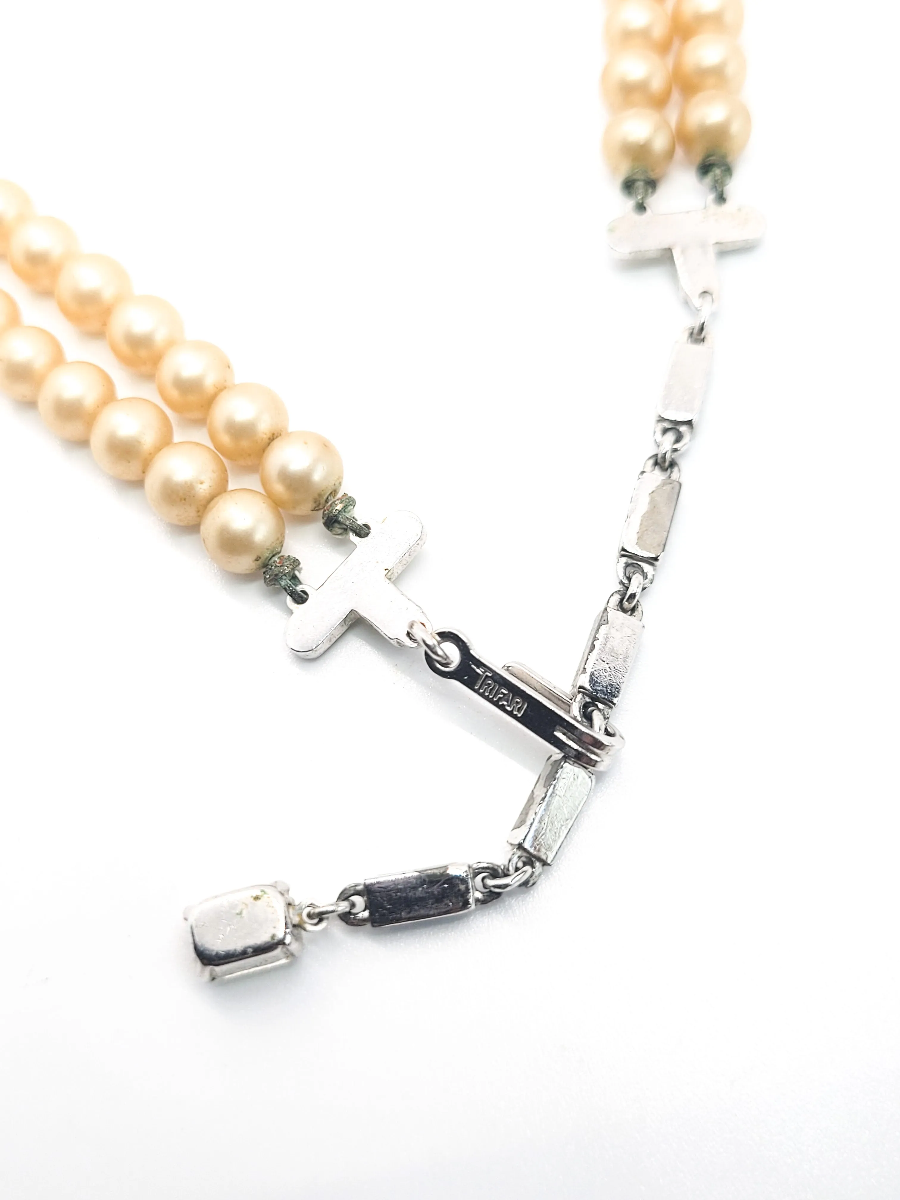 Trifari double strand vintage faux pearl and rhinestone signed necklace