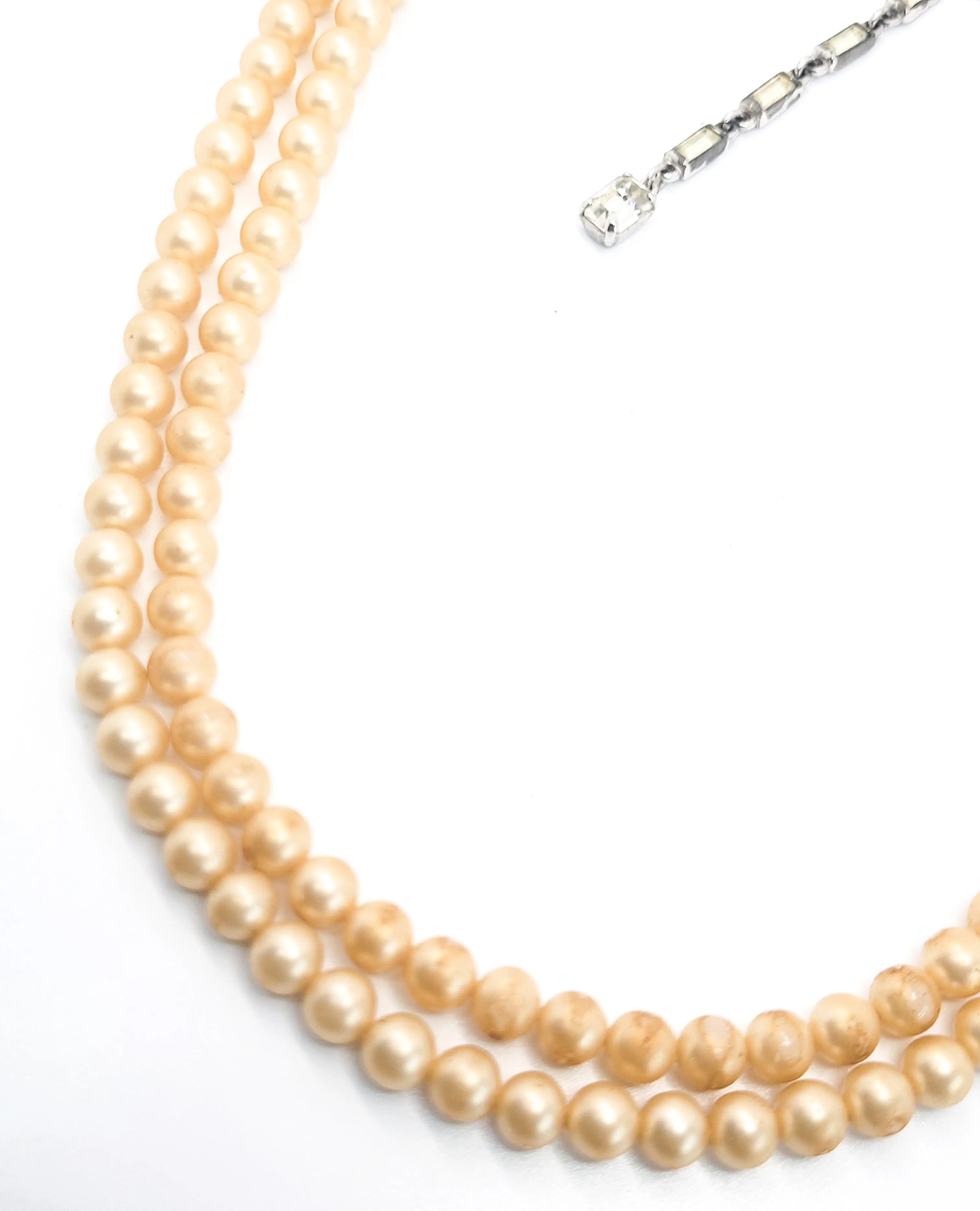 Trifari double strand vintage faux pearl and rhinestone signed necklace