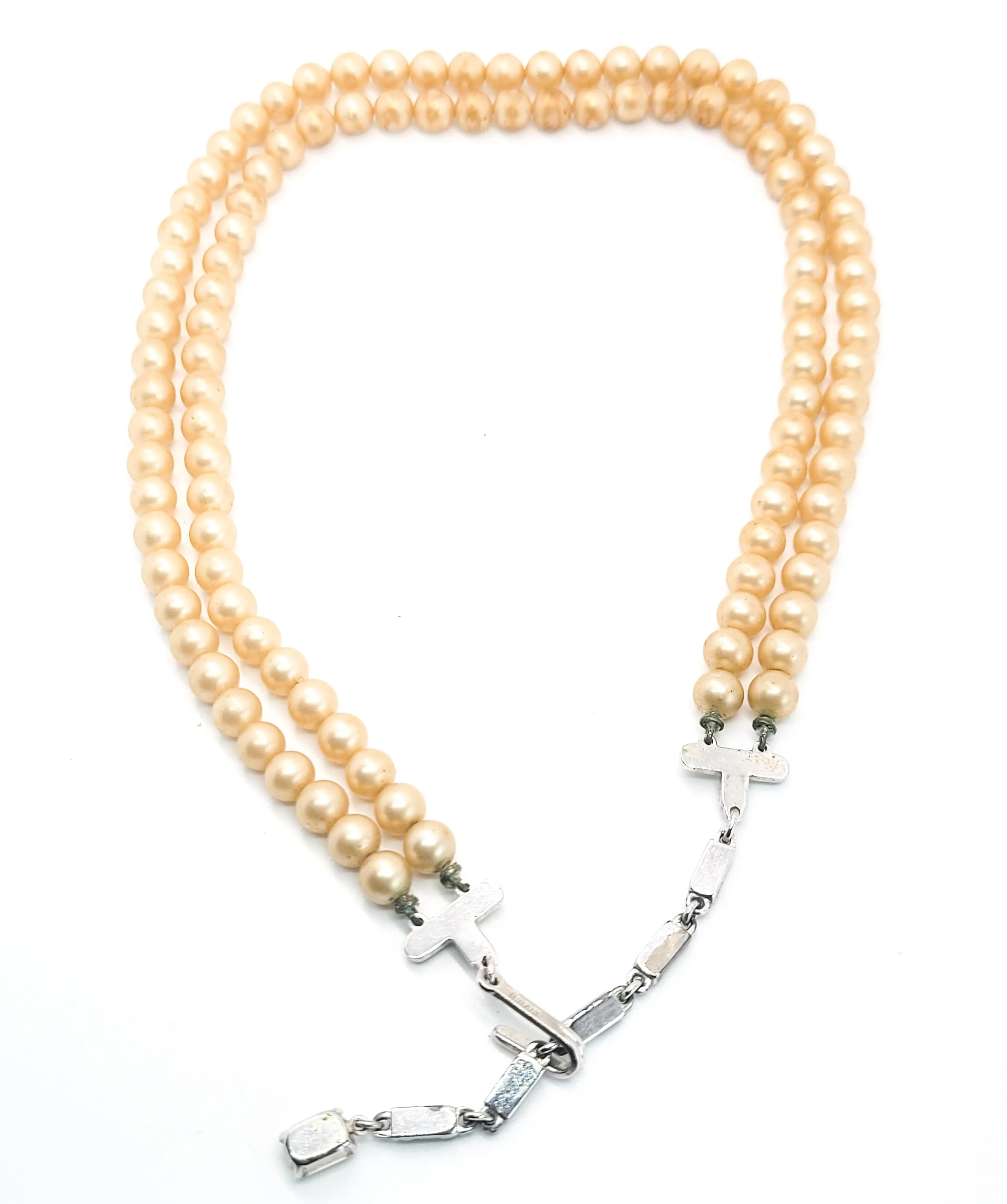 Trifari double strand vintage faux pearl and rhinestone signed necklace