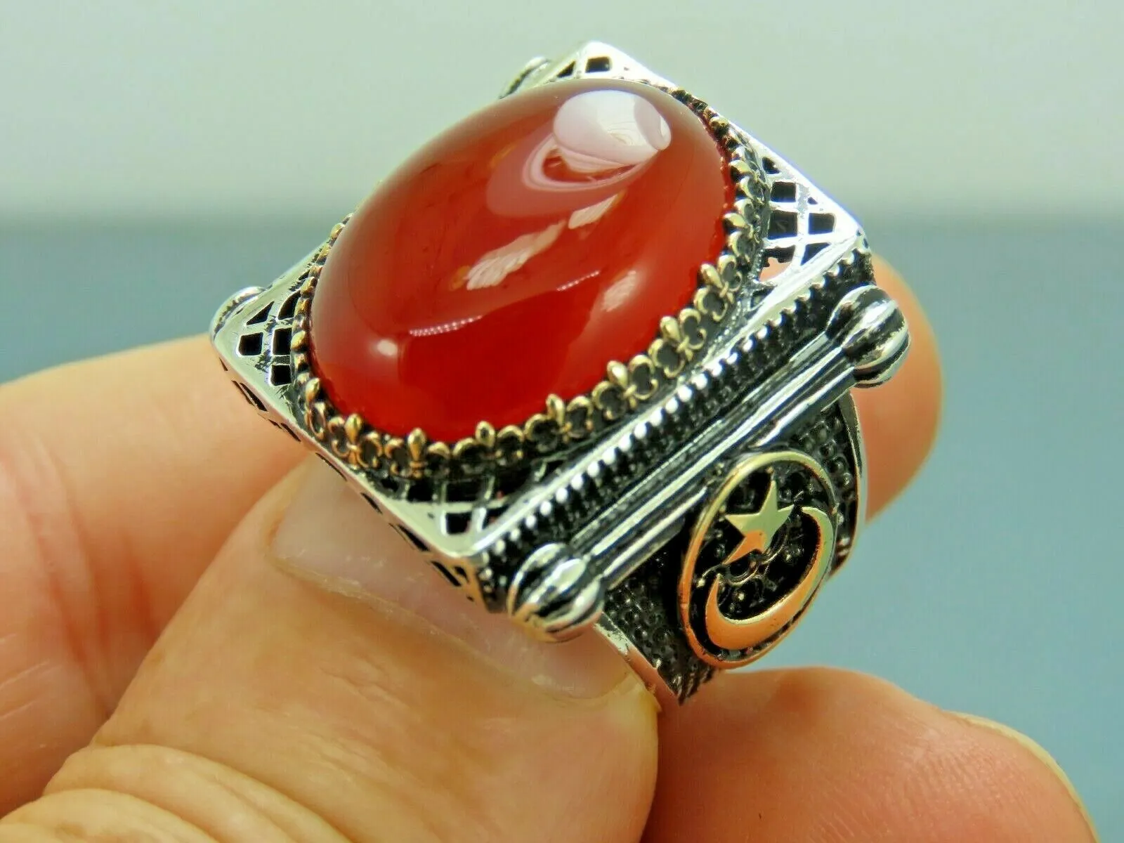 Turkish Handmade Jewelry 925 Sterling Silver Agate Stone Mens Rings