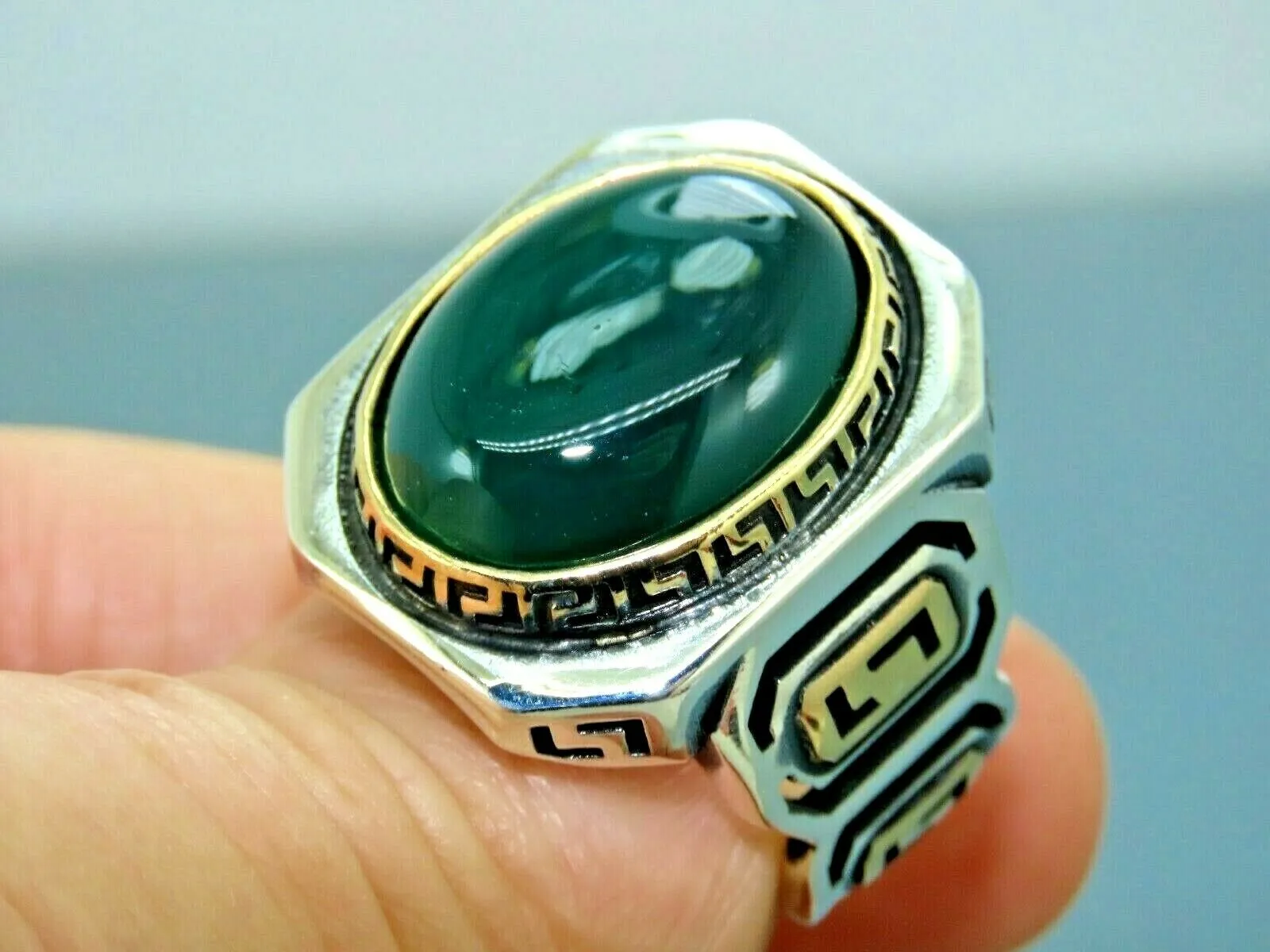 Turkish Handmade Jewelry 925 Sterling Silver Agate Stone Mens Rings