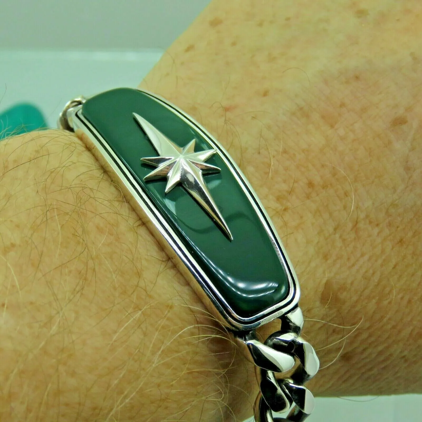Turkish Handmade Jewelry 925 Sterling Silver Agate Stone Star Design Mens Bracelets