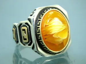Turkish Handmade Jewelry 925 Sterling Silver Amber Stone Mens Rings