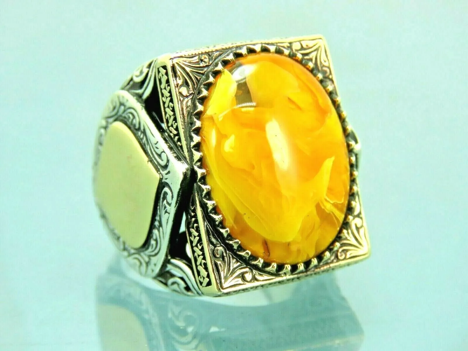 Turkish Handmade Jewelry 925 Sterling Silver Amber Stone Mens Rings