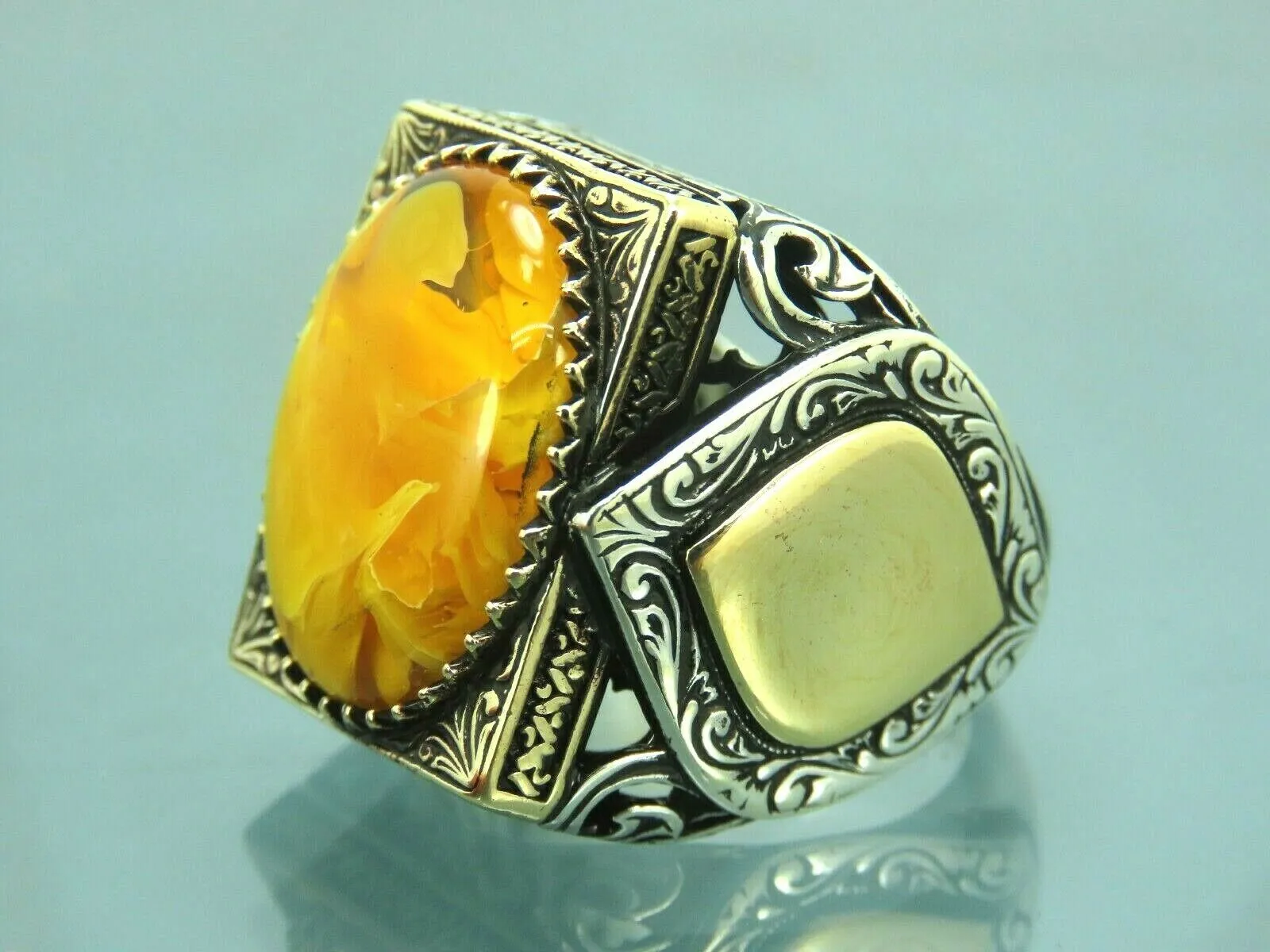 Turkish Handmade Jewelry 925 Sterling Silver Amber Stone Mens Rings