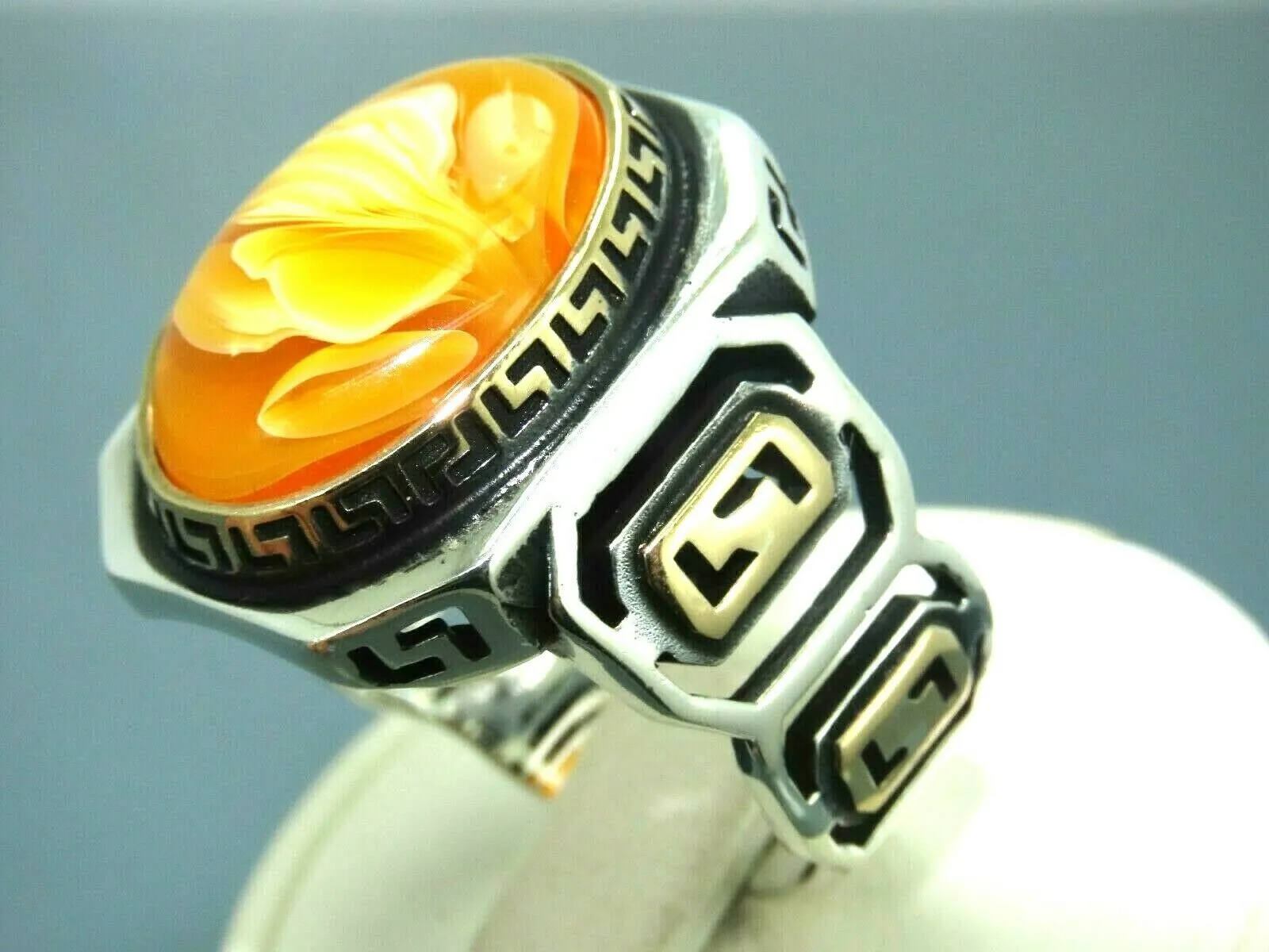 Turkish Handmade Jewelry 925 Sterling Silver Amber Stone Mens Rings