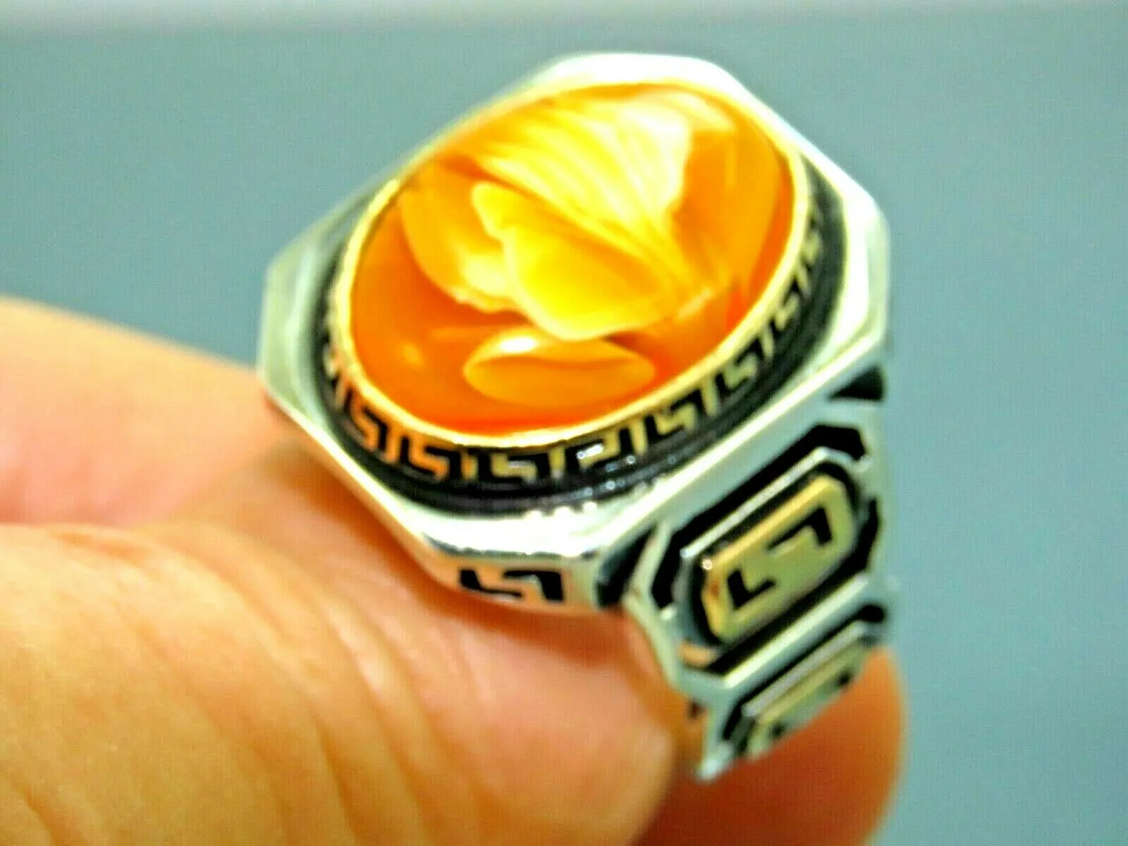 Turkish Handmade Jewelry 925 Sterling Silver Amber Stone Mens Rings