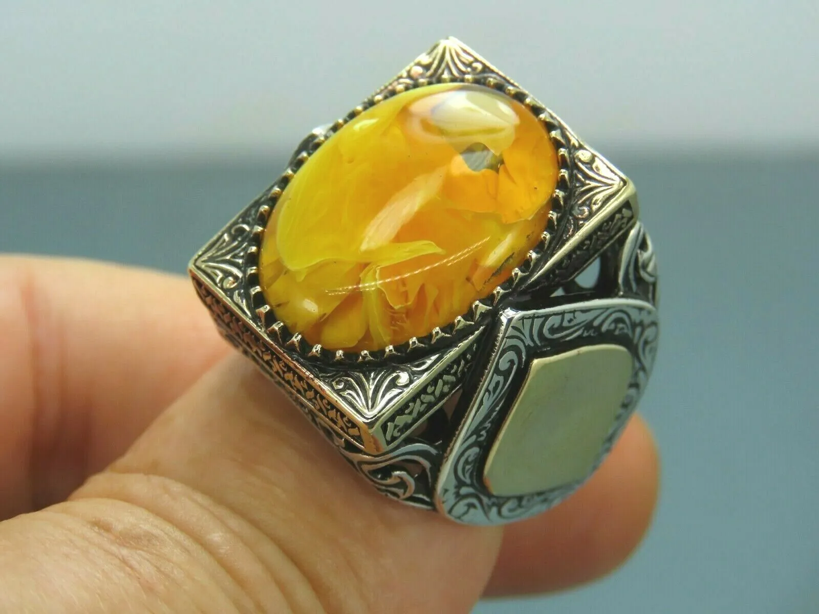 Turkish Handmade Jewelry 925 Sterling Silver Amber Stone Mens Rings