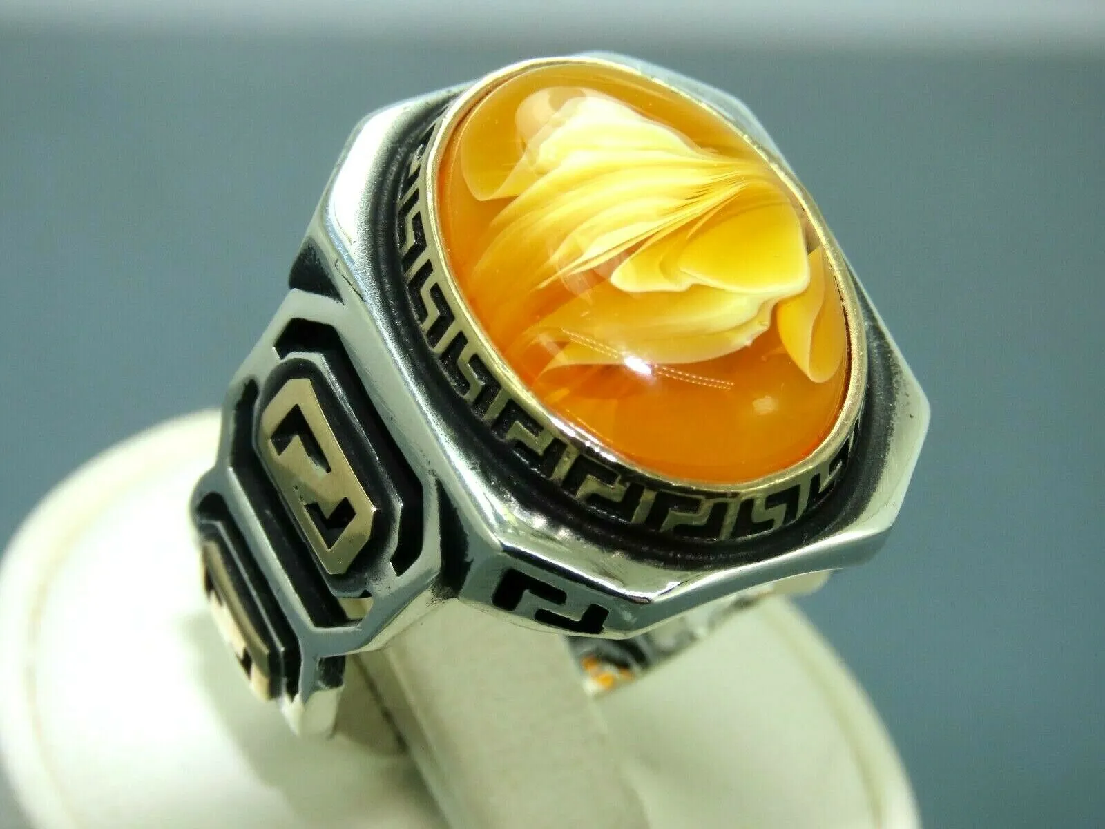 Turkish Handmade Jewelry 925 Sterling Silver Amber Stone Mens Rings