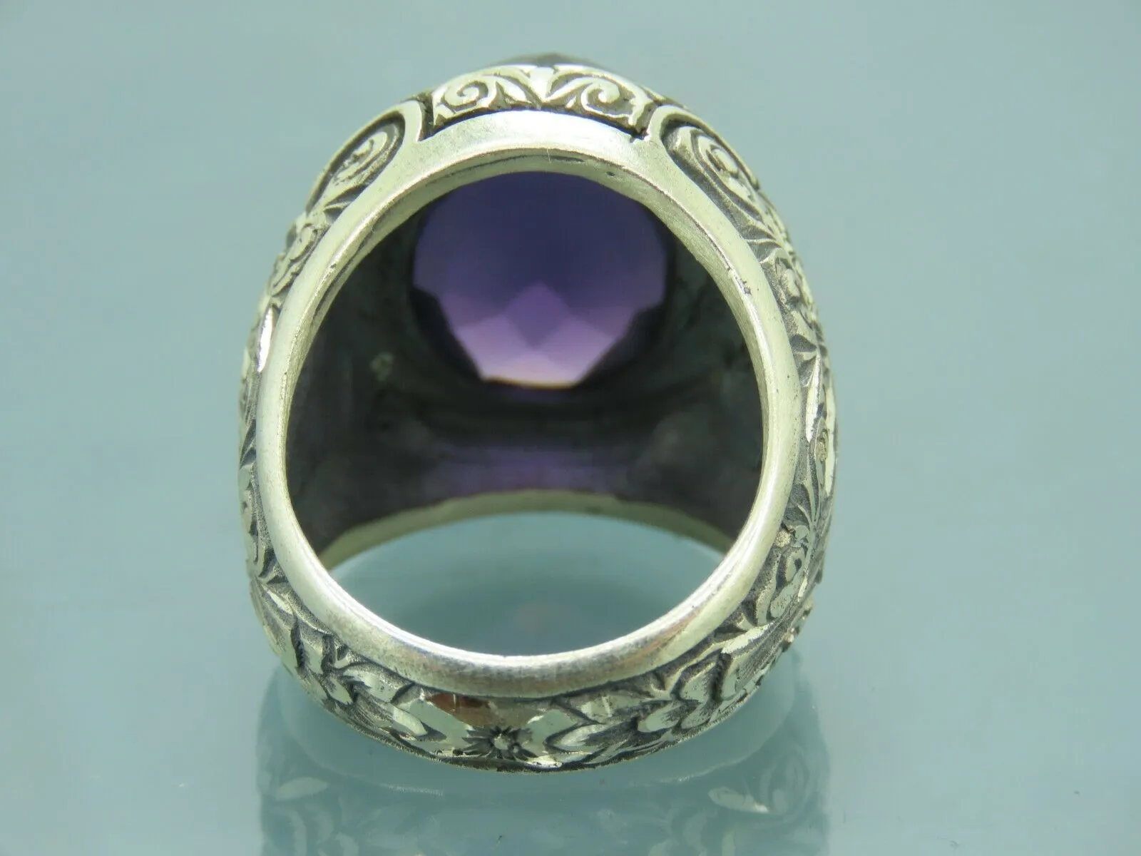 Turkish Handmade Jewelry 925 Sterling Silver Amethyst Stone Engraved Mens Rings