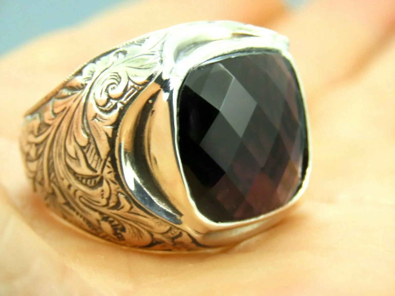 Turkish Handmade Jewelry 925 Sterling Silver Amethyst Stone Engraved Mens Rings