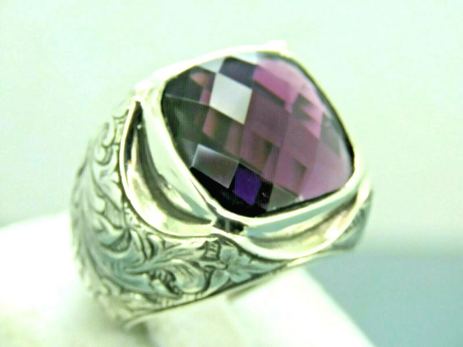 Turkish Handmade Jewelry 925 Sterling Silver Amethyst Stone Engraved Mens Rings