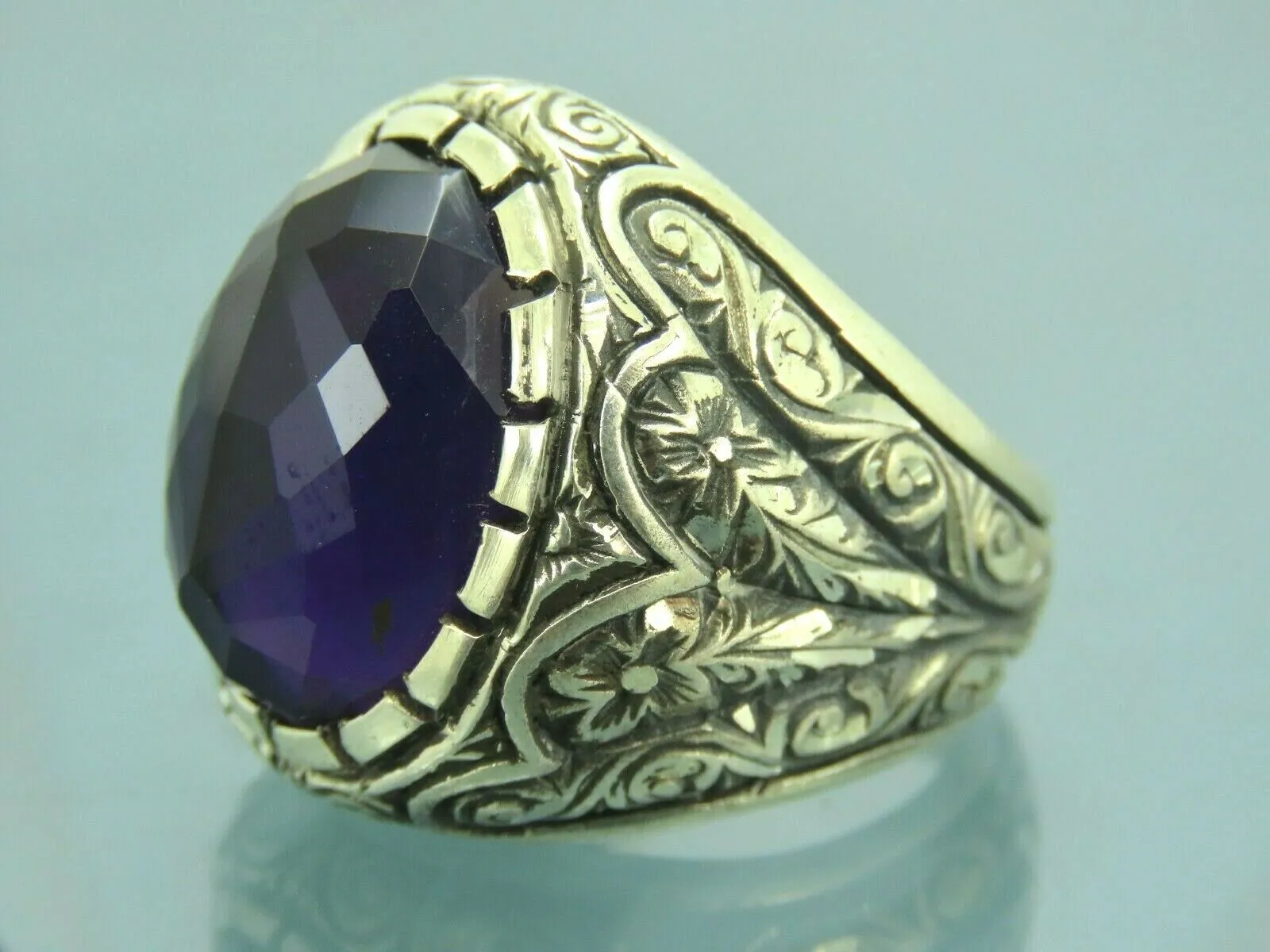 Turkish Handmade Jewelry 925 Sterling Silver Amethyst Stone Engraved Mens Rings