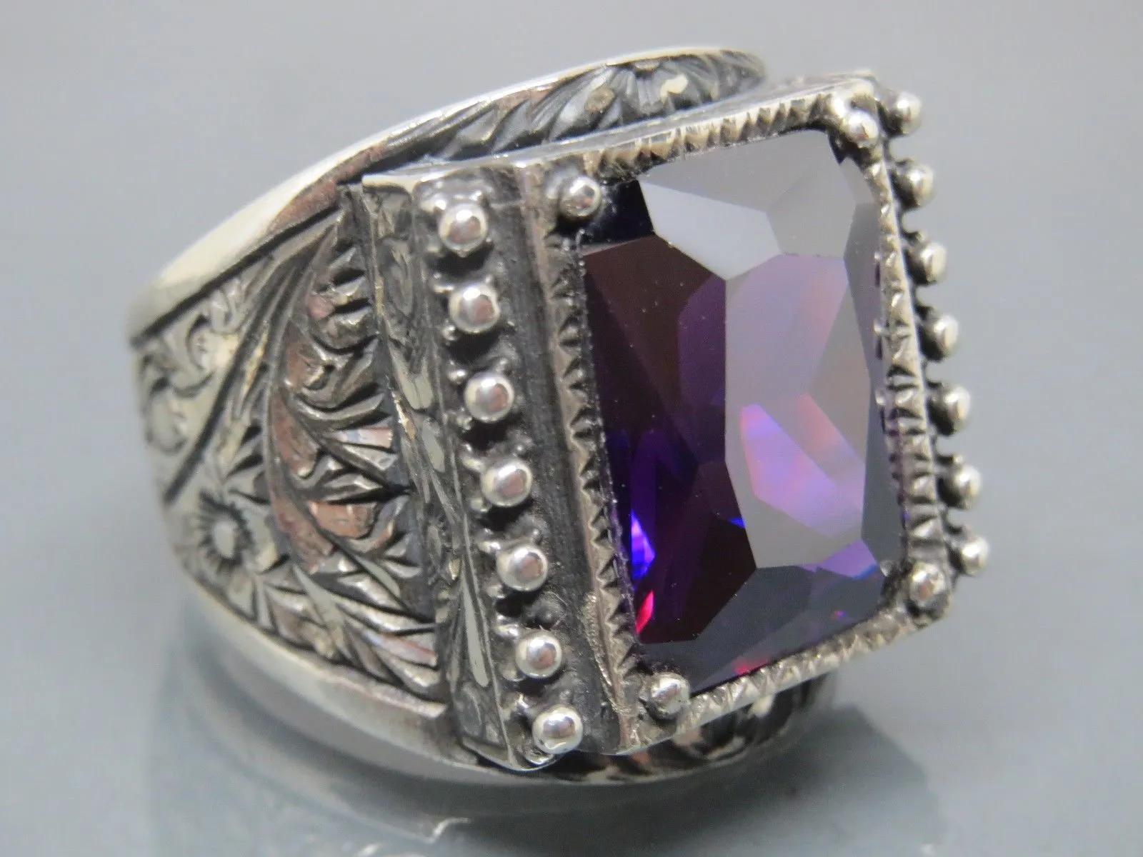 Turkish Handmade Jewelry 925 Sterling Silver Amethyst Stone Engraved Mens Rings