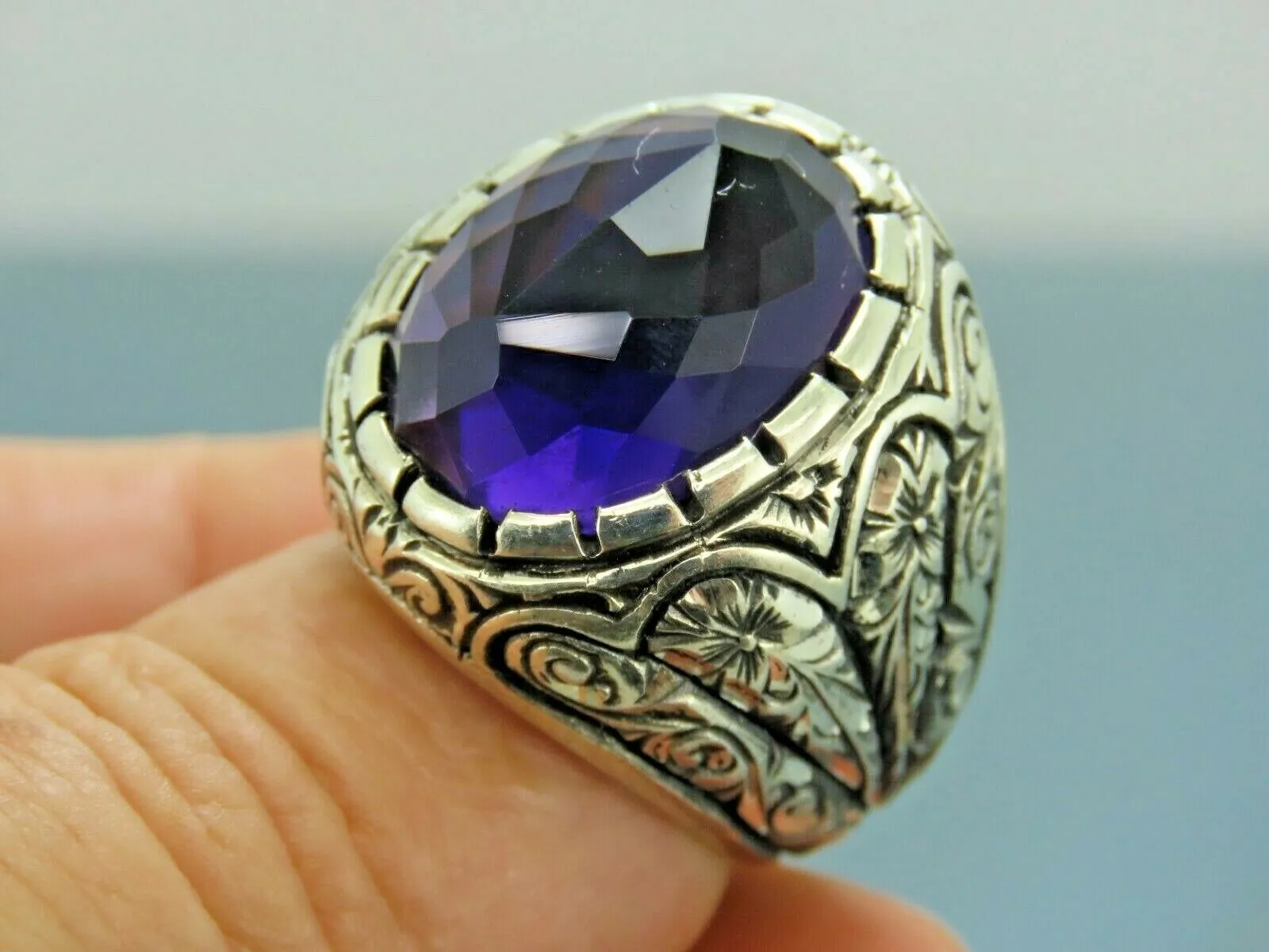 Turkish Handmade Jewelry 925 Sterling Silver Amethyst Stone Engraved Mens Rings