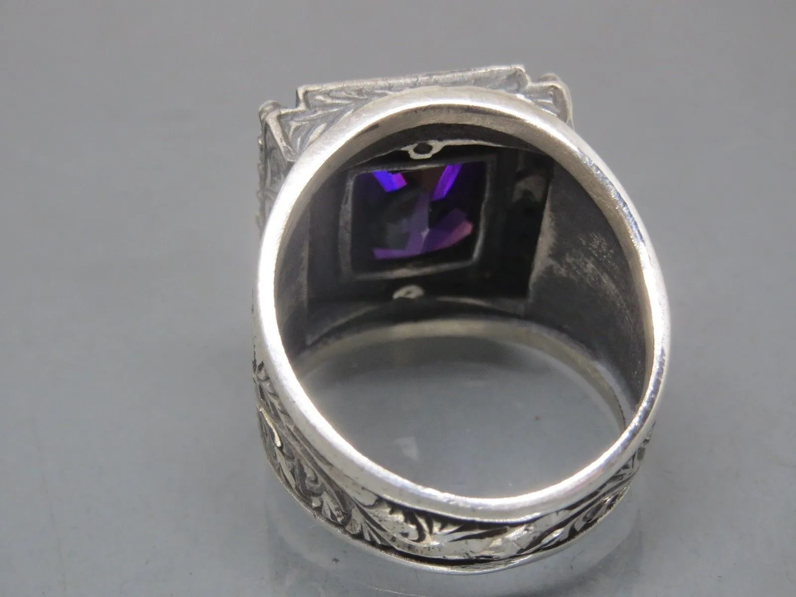 Turkish Handmade Jewelry 925 Sterling Silver Amethyst Stone Engraved Mens Rings