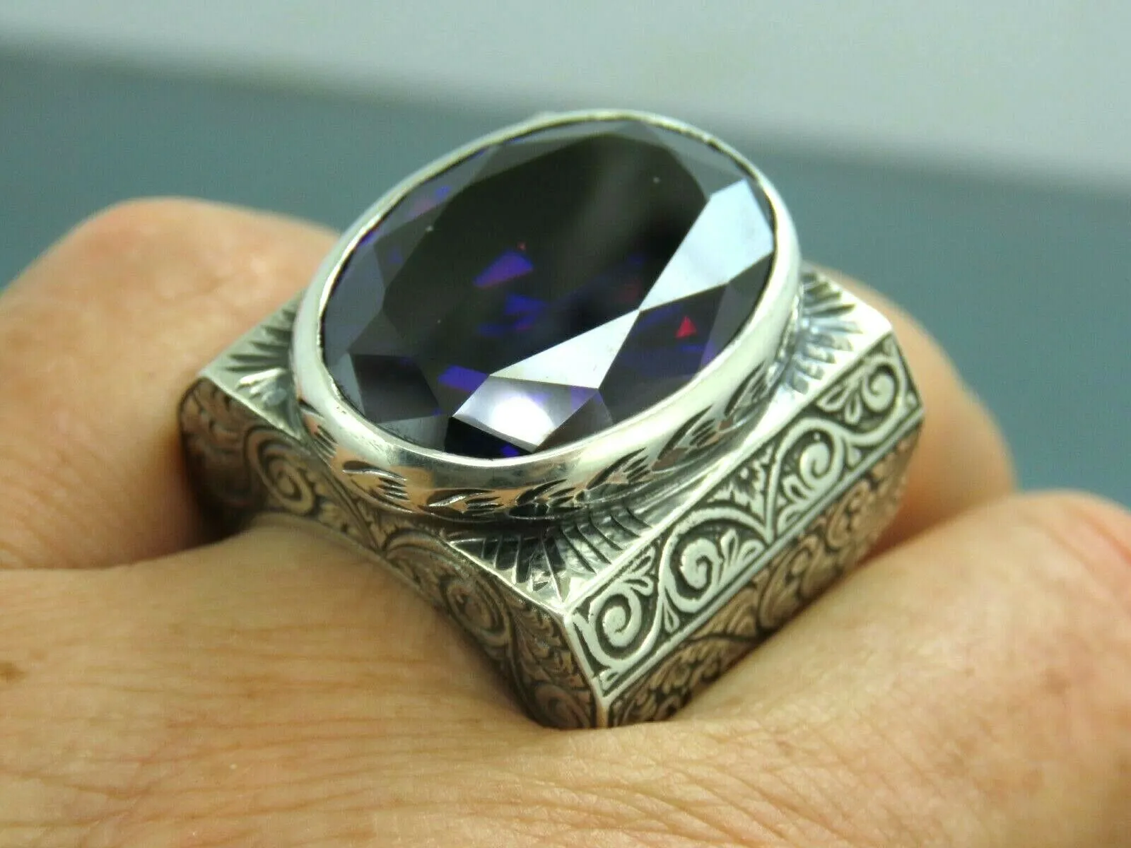 Turkish Handmade Jewelry 925 Sterling Silver Amethyst Stone Engraved Mens Rings