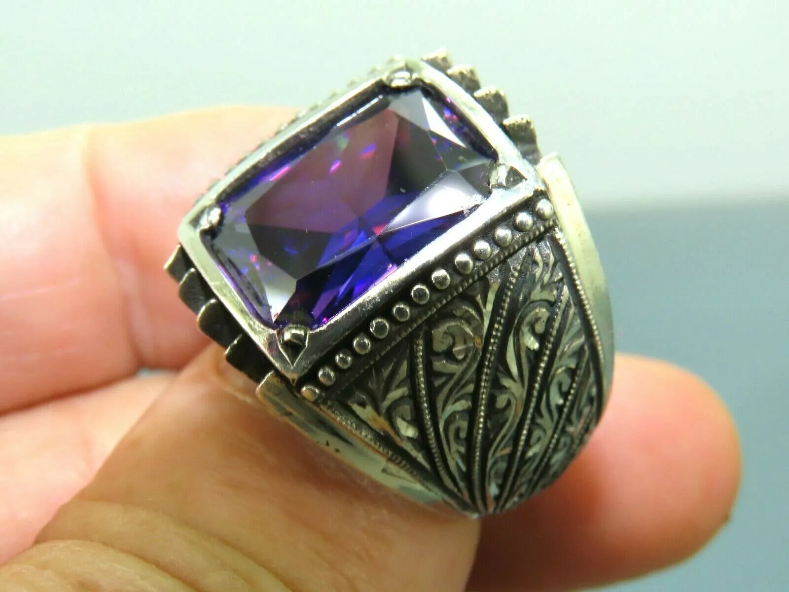 Turkish Handmade Jewelry 925 Sterling Silver Amethyst Stone Engraved Mens Rings