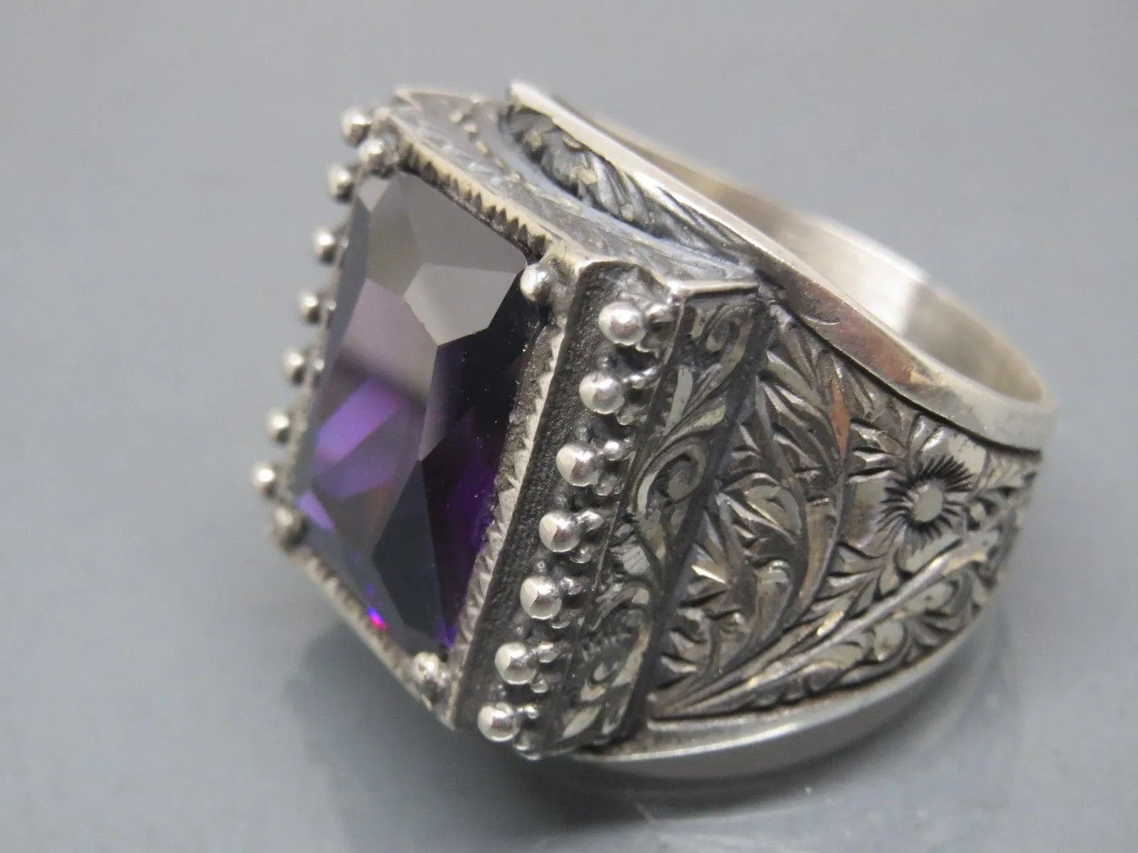 Turkish Handmade Jewelry 925 Sterling Silver Amethyst Stone Engraved Mens Rings