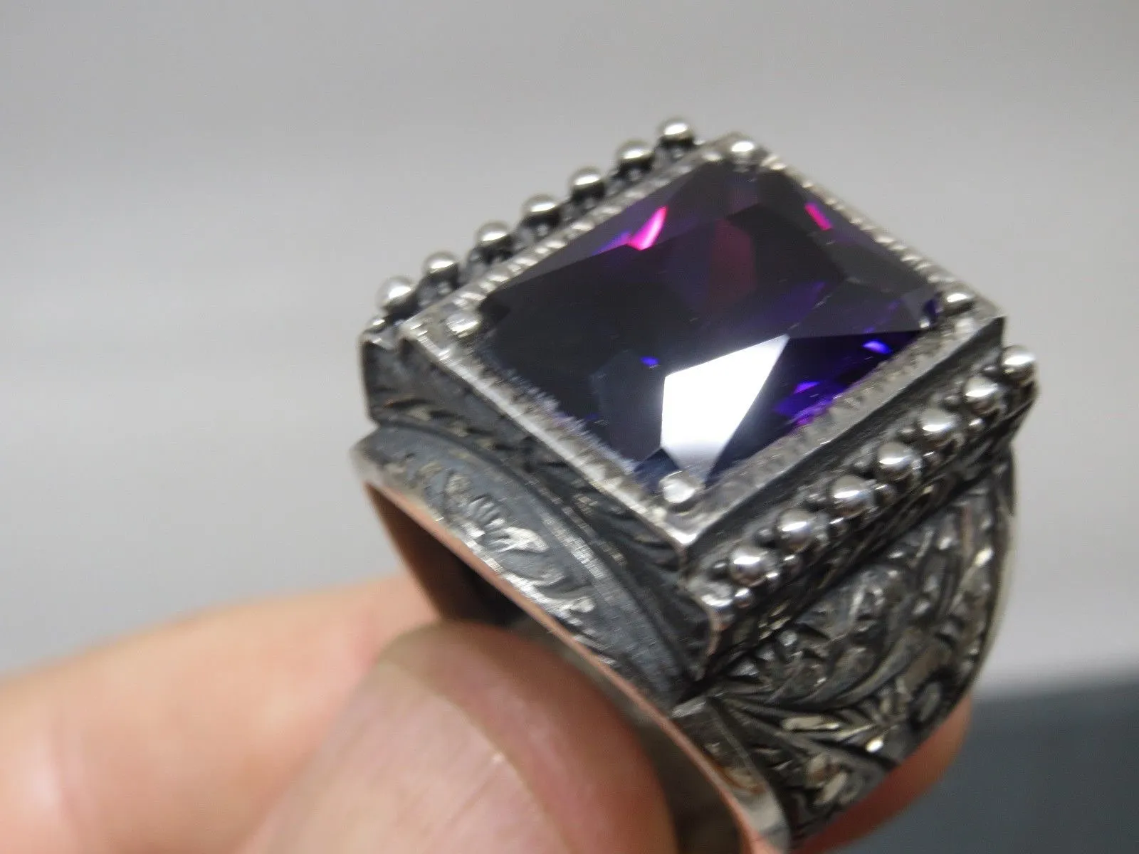 Turkish Handmade Jewelry 925 Sterling Silver Amethyst Stone Engraved Mens Rings