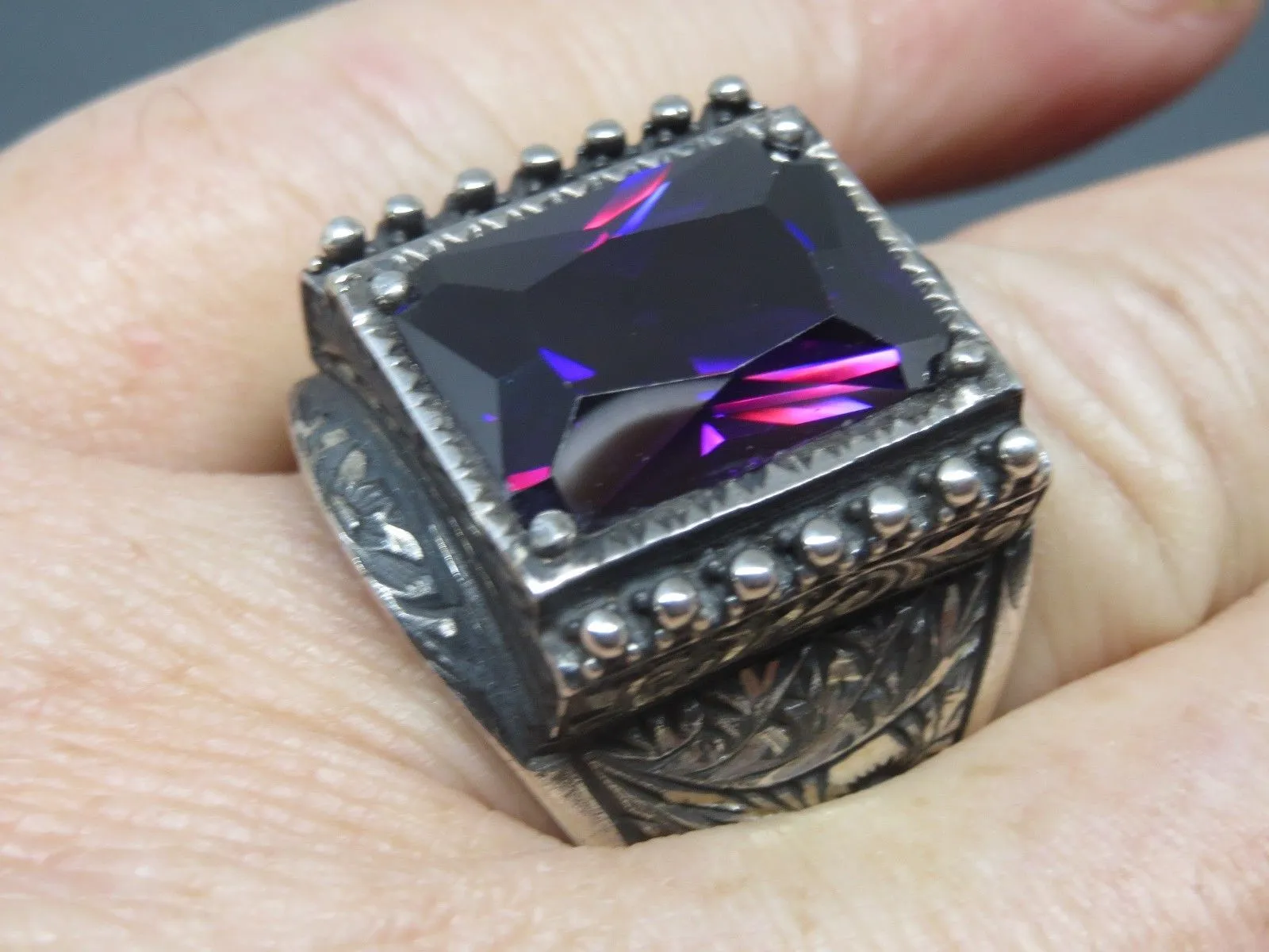 Turkish Handmade Jewelry 925 Sterling Silver Amethyst Stone Engraved Mens Rings