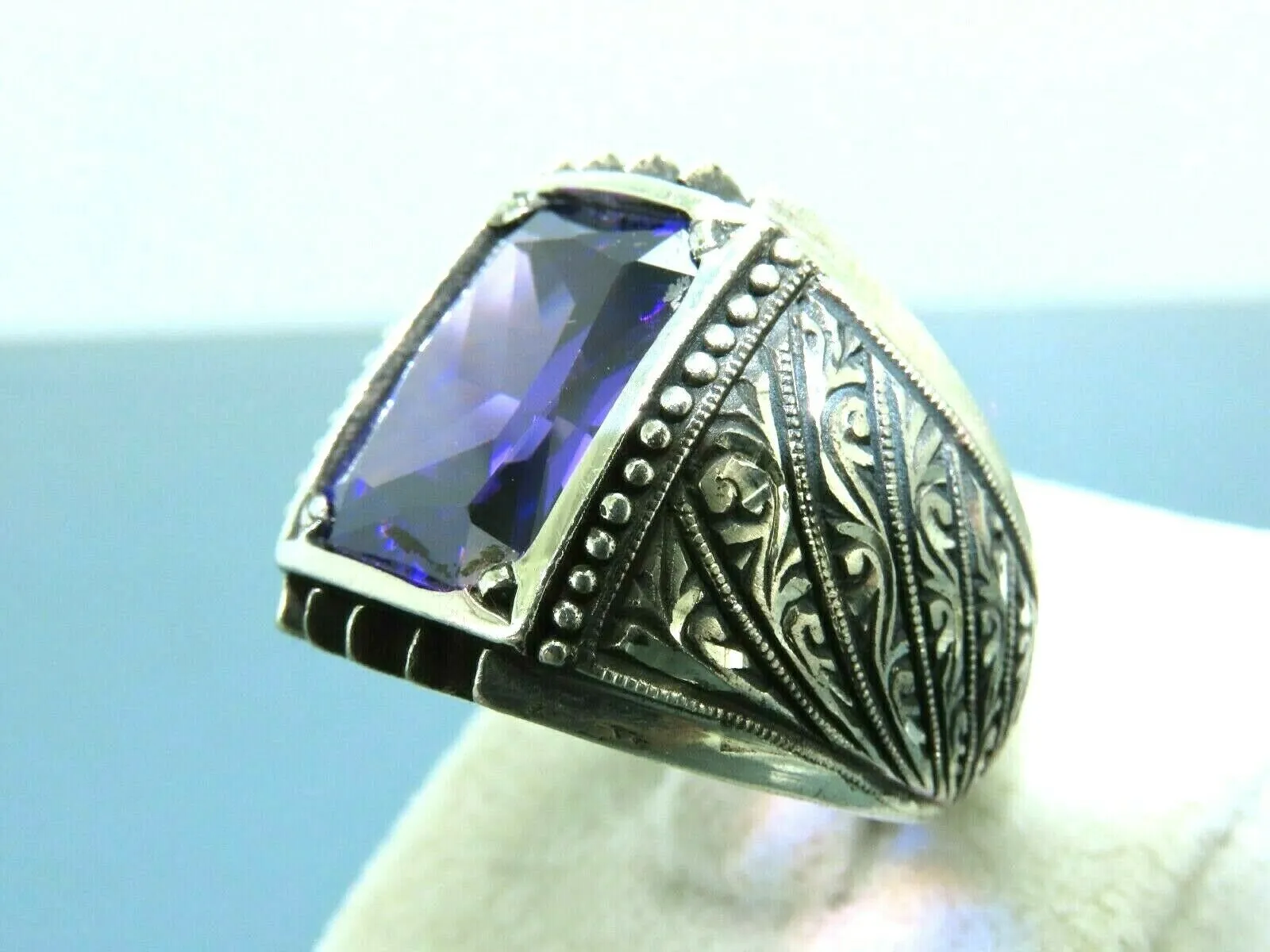 Turkish Handmade Jewelry 925 Sterling Silver Amethyst Stone Engraved Mens Rings