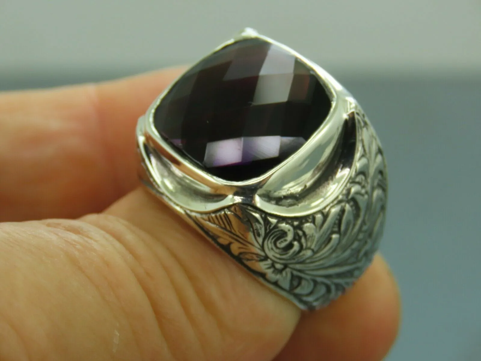 Turkish Handmade Jewelry 925 Sterling Silver Amethyst Stone Engraved Mens Rings