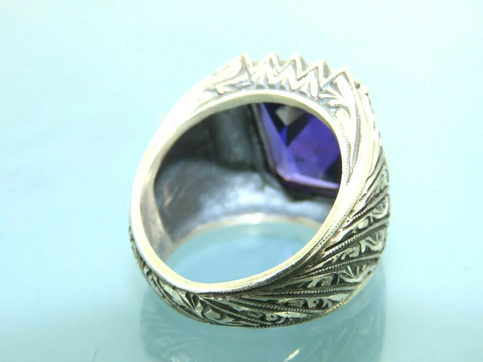 Turkish Handmade Jewelry 925 Sterling Silver Amethyst Stone Engraved Mens Rings