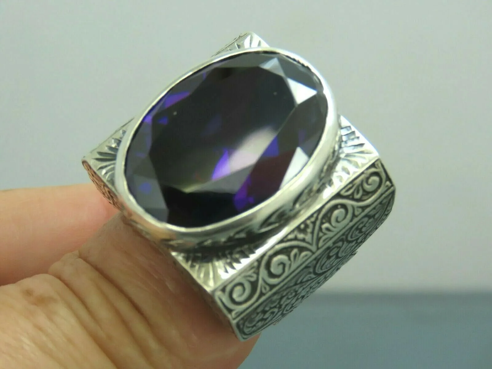 Turkish Handmade Jewelry 925 Sterling Silver Amethyst Stone Engraved Mens Rings