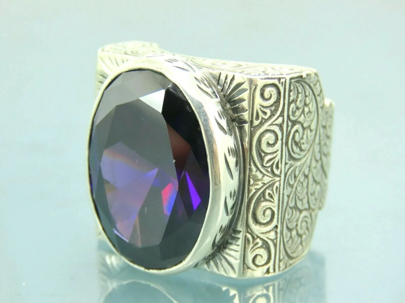 Turkish Handmade Jewelry 925 Sterling Silver Amethyst Stone Engraved Mens Rings