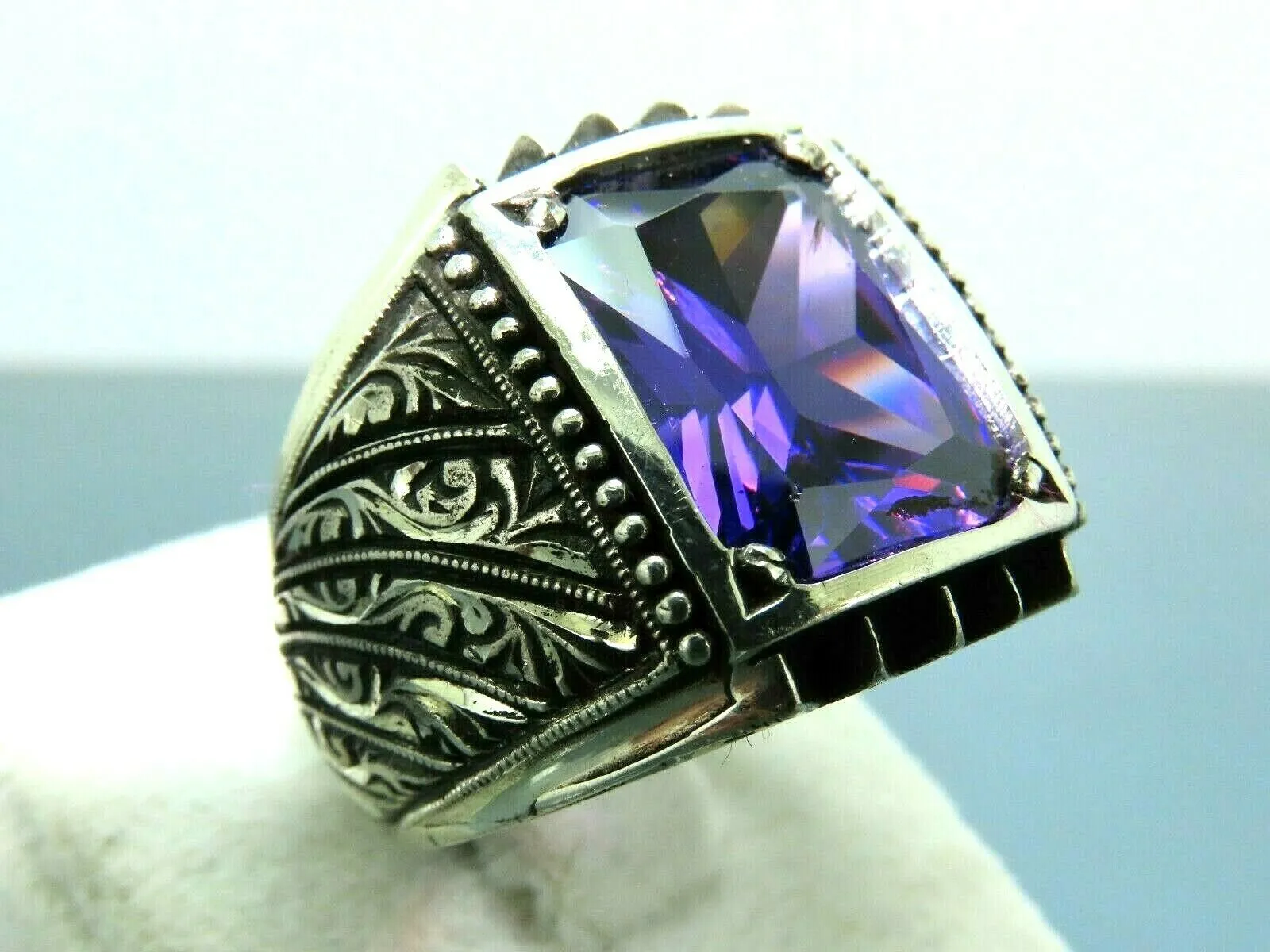 Turkish Handmade Jewelry 925 Sterling Silver Amethyst Stone Engraved Mens Rings