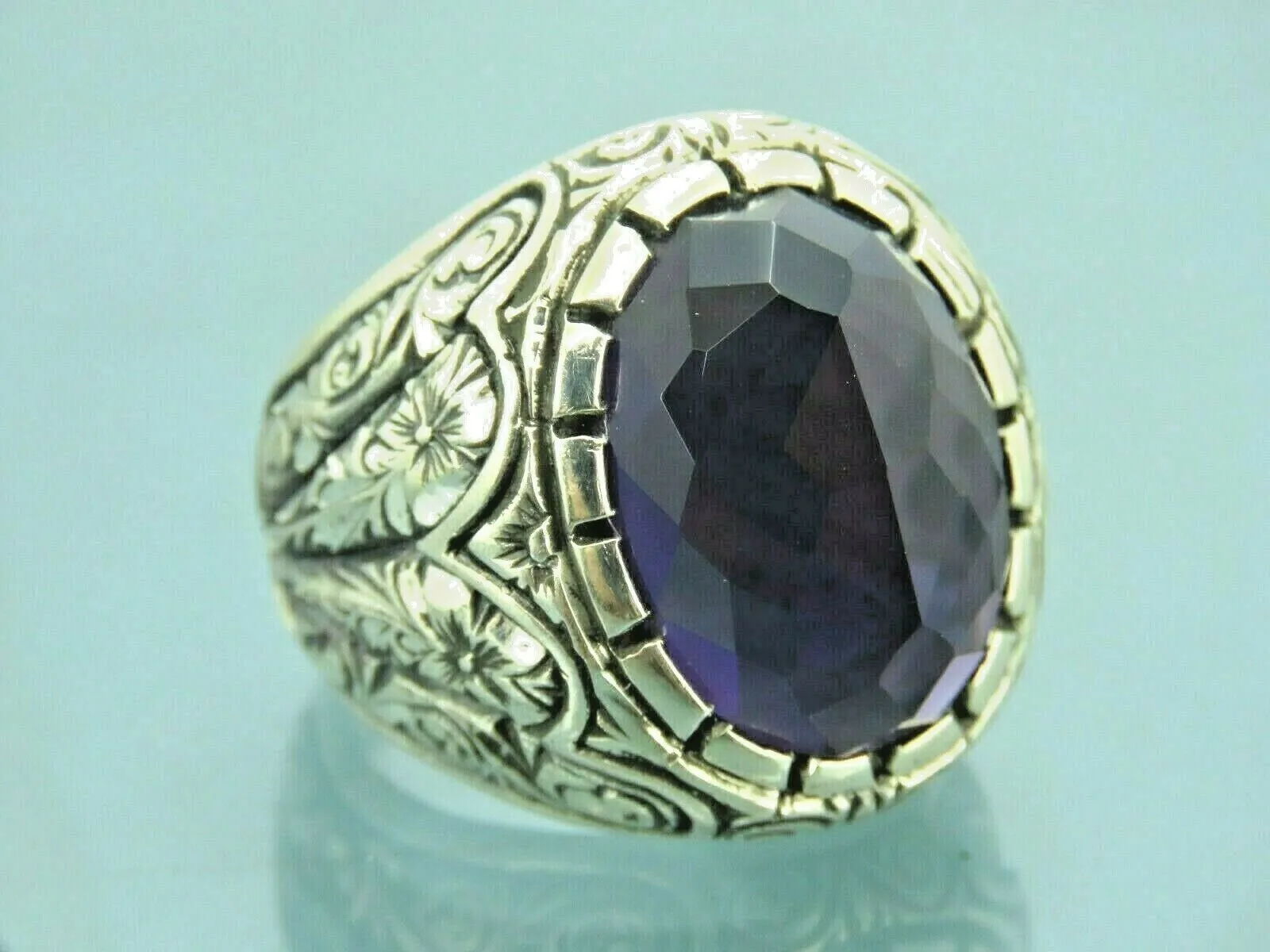 Turkish Handmade Jewelry 925 Sterling Silver Amethyst Stone Engraved Mens Rings