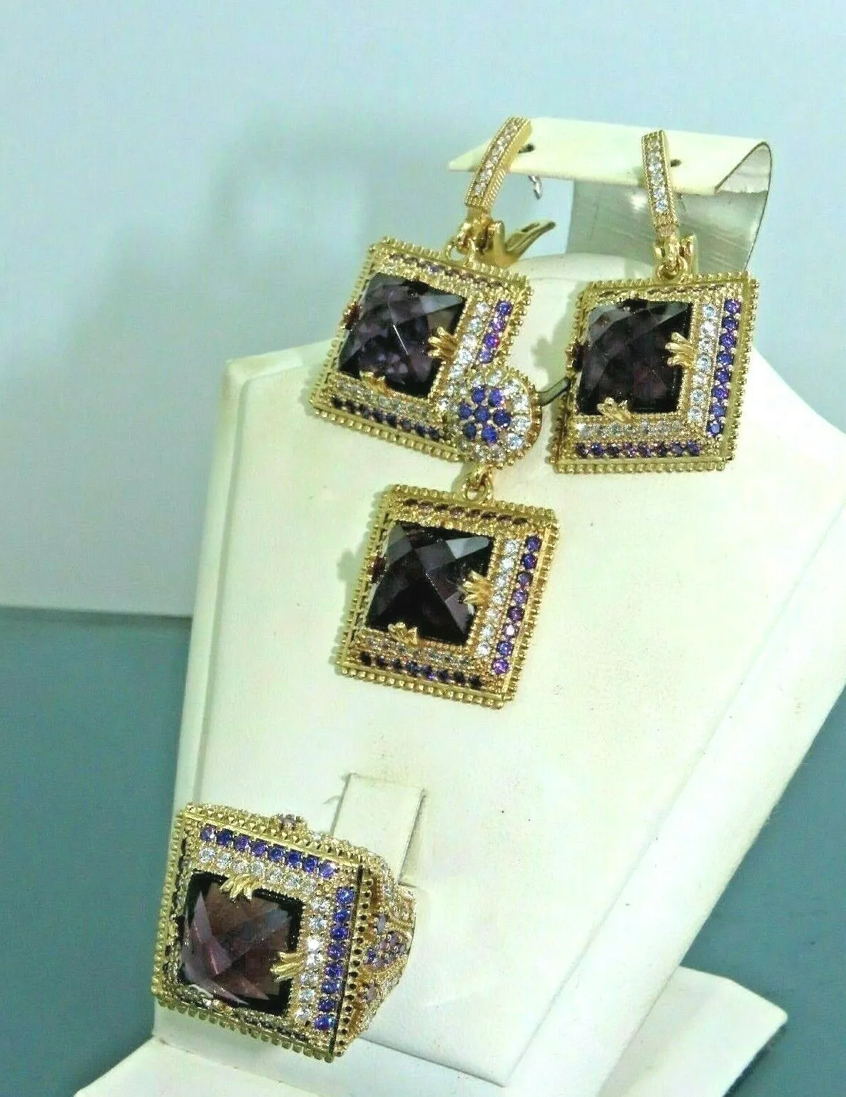 Turkish Handmade Jewelry 925 Sterling Silver Amethyst Stone Women's Earrings, Pendant & Ring Jewelry Set