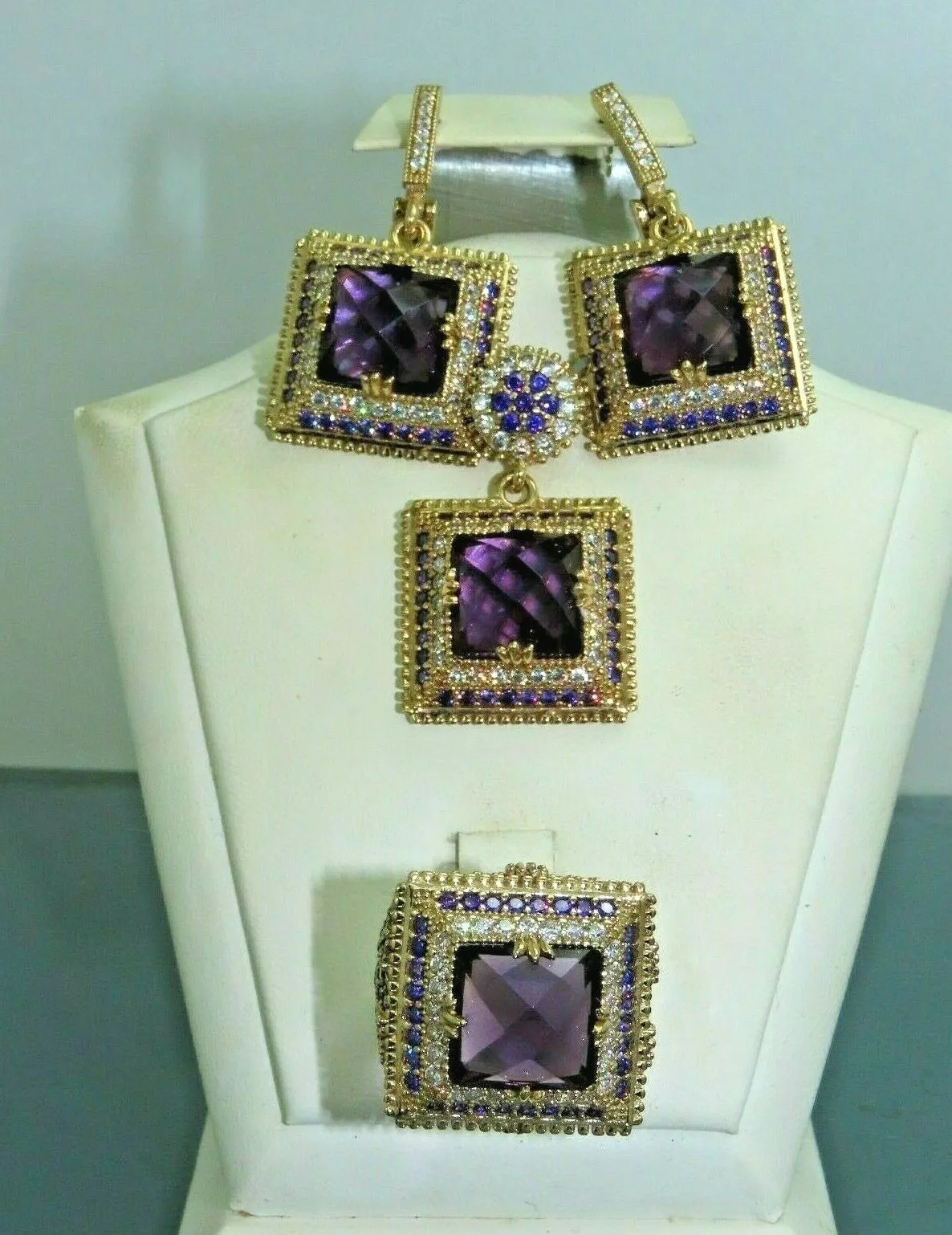 Turkish Handmade Jewelry 925 Sterling Silver Amethyst Stone Women's Earrings, Pendant & Ring Jewelry Set